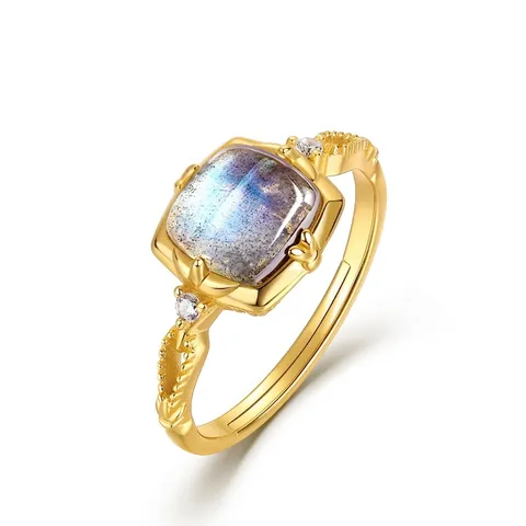 Anello in Argento Sterling 925 Placcato Oro Con Labradorite Quadrata Elegante Gioielli Geometrici Regolabili Con Zirconia per Donna