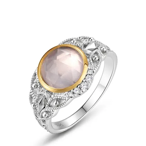 Vintage 925 Sterling Silver Natural Pink Quartz Ring Floral Engraved Inlaid Rhinestone Elegant Jewelry For Women Gift