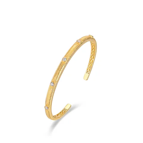Vintage 925 Sterling Silver Brushed Bangle For Women 10K Gold Plated Zirconia Inlaid Starburst Open Cuff Bangle Jewelry