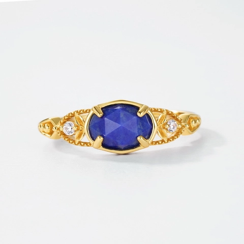 Vintage 925 Sterlingsilber Gold Überzogen Natur Lapislazuli Ring Damen Wald Nachthimmel Verstellbar Strass Schmuck