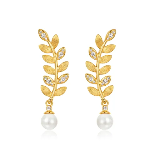 925 Sterlingsilber Zirkonia Künstliche Perle Blatt Ohrhänger 10K Vergoldet Gebürstet Handgefertigter Schmuck Für Damen