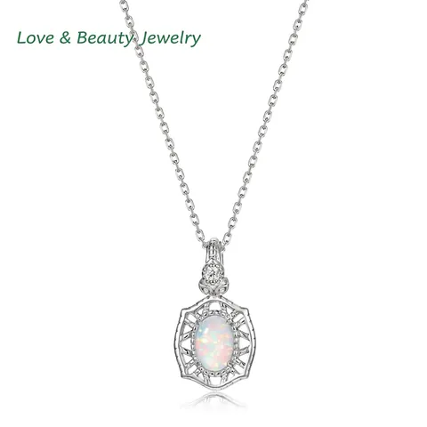 925 Sterling Silver Synthetic Opal Pendant Necklace For Women Retro Hollow Geometric Rhinestone Accent Elegant Jewelry