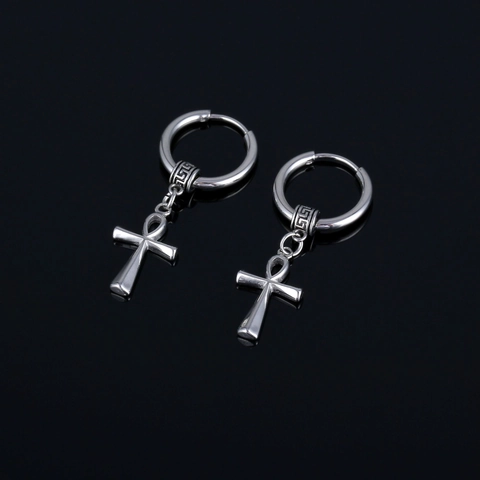 Stainless Steel Ankh Cross Hoop Earrings For Men Women Punk Hip Hop Street Style Silver Color Single Piece Jewelry Accessory