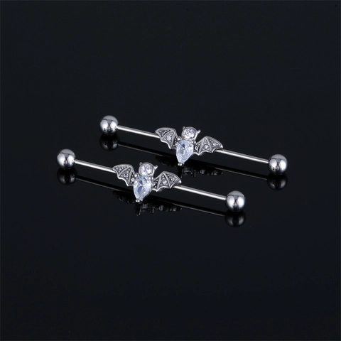Roestvrij Staal Industrial Barbell Vleermuis Ontwerp Strass Piercing Oorring Lange Staaf Stud Gothic Sieraden Voor Unisex