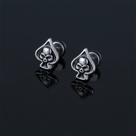 Orecchini a Bottone a Forma di Teschio in Acciaio Inossidabile Punk Gothic Poker Picche Gioielli per Halloween Uomo Donna