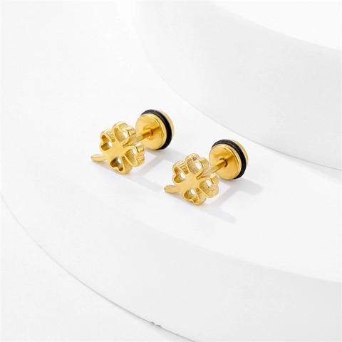 Pendientes de Botón de Flor de Trébol de Acero Inoxidable 316 Elegantes Vintage Calados Bañados en Oro al Vacío Joyería Unisex para Uso Diario Fiesta