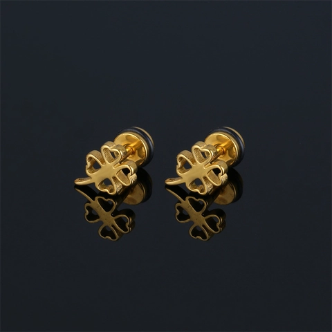 Pendientes de Botón de Flor de Trébol de Acero Inoxidable 316 Elegantes Vintage Calados Bañados en Oro al Vacío Joyería Unisex para Uso Diario Fiesta