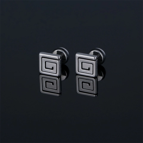 Minimalist Stainless Steel Square Greek Key Stud Earrings For Unisex Geometric Vacuum Electroplated Screw Back Ear Piercing Jewelry
