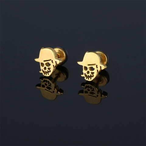 Punk Gothic Skull With Hat Stainless Steel Stud Earrings For Men Women Halloween Jewelry Vintage Skeleton Head Ear Studs Gold Silver Black