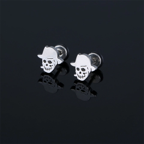 Punk Gothic Skull With Hat Stainless Steel Stud Earrings For Men Women Halloween Jewelry Vintage Skeleton Head Ear Studs Gold Silver Black