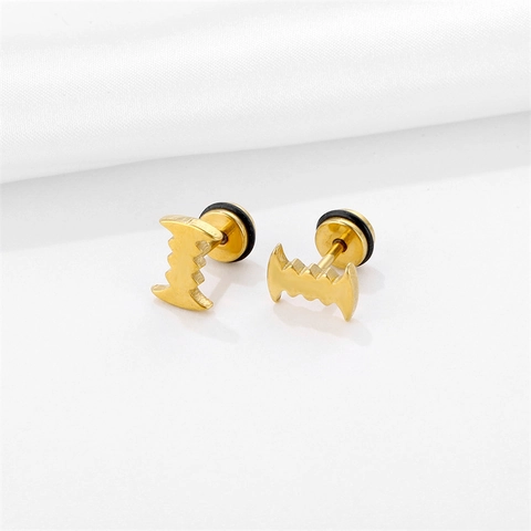 Punk Stainless Steel Bat Sawtooth Stud Earrings For Men Women Gold Plated Barbell Screw Back Ear Bone Stud Jewelry Gift