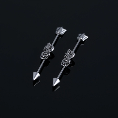 Vintage Stainless Steel Dragon Arrow Industrial Barbell Piercing Earring Chinese Style Silver Steel Color Ear Bone Nail Jewelry For Unisex