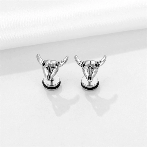 Punk Style Stainless Steel Bull Head Skull Stud Earrings For Men Vintage Retro Animal Skeleton Earring Fashion Jewelry Accessory