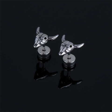 Punk Style Stainless Steel Bull Head Skull Stud Earrings For Men Vintage Retro Animal Skeleton Earring Fashion Jewelry Accessory