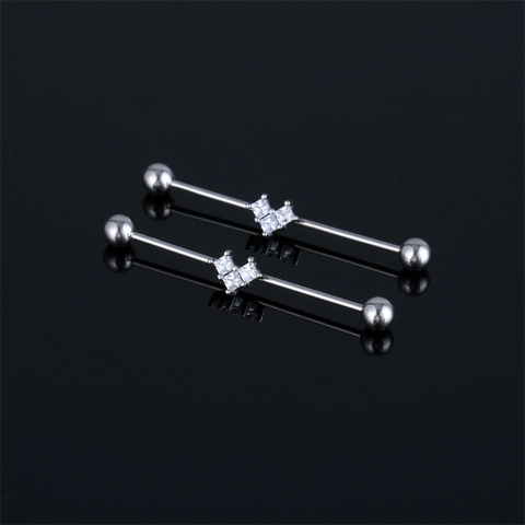 Barbell Industriale in Acciaio Inossidabile 316 Con Cuore in Zirconia Intarsiato Orecchino Barra Dritta Lunga Piercing Gioielli