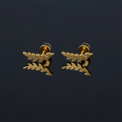 Vintage Stainless Steel Wheat Ear Leaf Stud Earrings Pastoral Style Electroplated Jewelry For Men Women Daily Streetwear