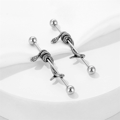 Punk 316 Stainless Steel Snake Wrap Industrial Barbell Earrings Retro Gothic Dark Style Ear Bone Stud For Men Women Unisex Jewelry