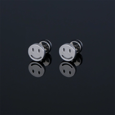 Unisex Minimalist 316 Stainless Steel Smiley Face Stud Earrings Round Screw Back Personalized Punk Jewelry For Men Women