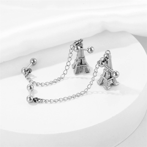 Orecchini a Bottone con Catena Torre Eiffel in Acciaio Inossidabile per Doppio Buco Hip Hop Street Style Argento Gioielli per Uomo Donna