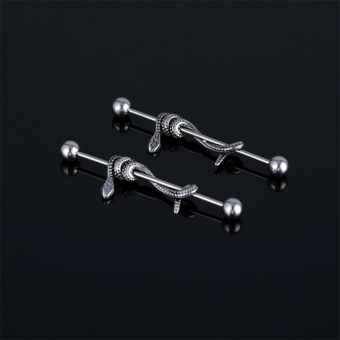 Punk 316 Stainless Steel Snake Wrap Industrial Barbell Earrings Retro Gothic Dark Style Ear Bone Stud For Men Women Unisex Jewelry