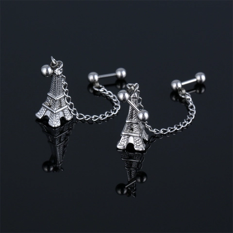 Orecchini a Bottone con Catena Torre Eiffel in Acciaio Inossidabile per Doppio Buco Hip Hop Street Style Argento Gioielli per Uomo Donna