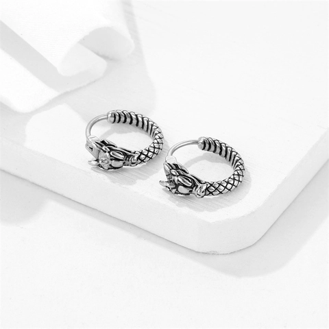 Vintage Chinese Style Stainless Steel Dragon Head Hoop Earrings Punk Gothic Dragon Scale Ear Buckle For Men Women Jewelry