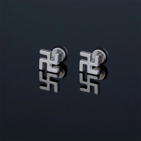 Vintage Stainless Steel Buddhist Symbol Stud Earrings For Men Women Geometric Manji Pattern Screw Back Unique Jewelry
