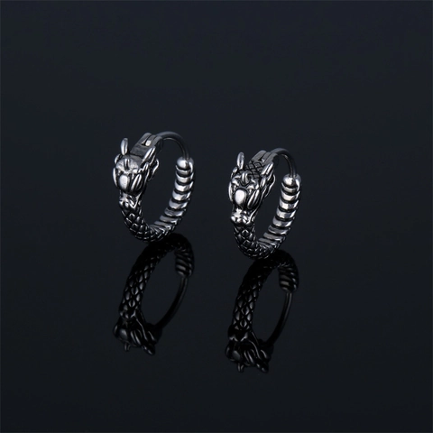 Vintage Chinese Style Stainless Steel Dragon Head Hoop Earrings Punk Gothic Dragon Scale Ear Buckle For Men Women Jewelry