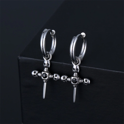 Orecchini a Cerchio Gothic Punk in Acciaio Inossidabile con Pendente Croce Teschio e Strass Neri Gioielli Rock per Uomo Donna