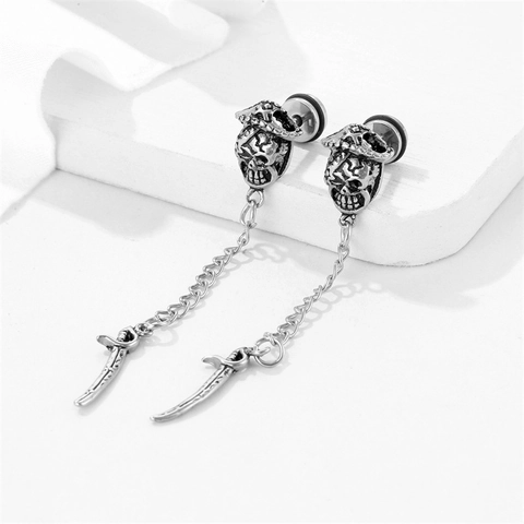 Pendiente de Botón de Calavera Espada y Cadena Acero Inoxidable Punk Pirata Daga Colgante Largo para Hombre Mujer Joyería