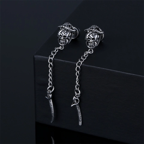 Pendiente de Botón de Calavera Espada y Cadena Acero Inoxidable Punk Pirata Daga Colgante Largo para Hombre Mujer Joyería