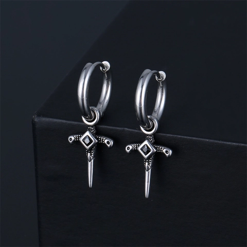 Orecchini a Cerchio con Croce a Pugnale in Acciaio Inossidabile Punk Gotico Spada Pendente Strass Gioielli Vintage