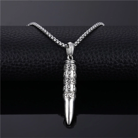 Collar con Colgante de Bala de Aleación Vintage Plata Símbolo Religioso Mantra Amuletos Joyería de Moda para Hombres Mujeres Estilo Conmuta