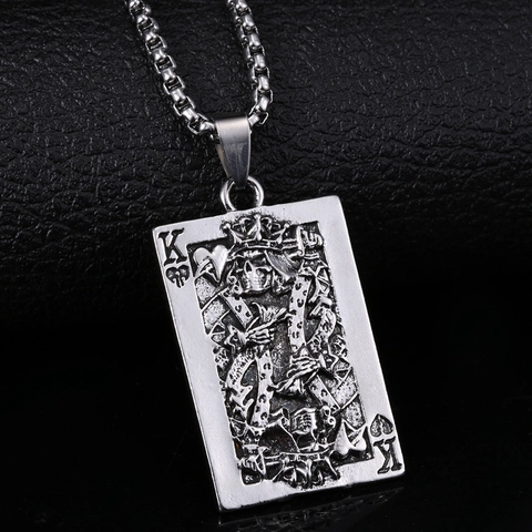 Collana con Pendente a Forma di Re di Poker K con Teschio in Lega Retrò Gioielli Punk Hip Hop Galvanizzati Vintage per Uomo Donna