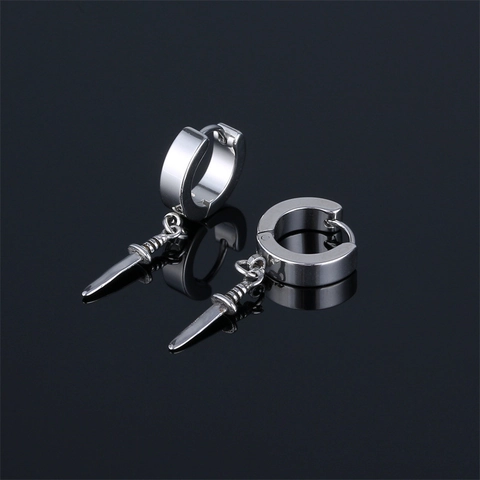 Punk Stainless Steel Dagger Pendant Hoop Earrings For Men Women Gothic Small Sword Drop Earrings Personalized Jewelry