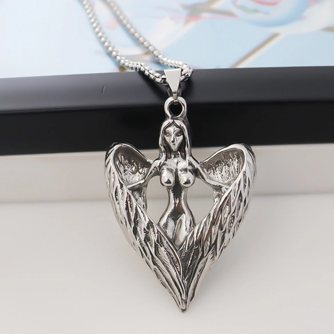 Collar con Colgante de Corazón de Alas de Ángel de Aleación Gótico Vintage Creativo Color Plata Joyería de Talla en Relieve Unisex