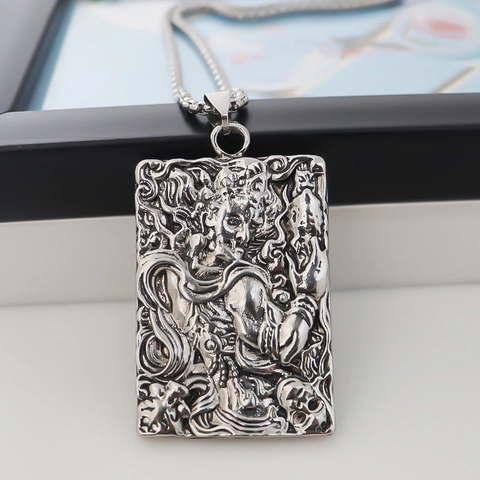 Men Vintage Chinese Totem Relief Pendant Necklace Alloy Domineering Religious Figure Curb Chain Silver Neck Chain Jewelry For Men