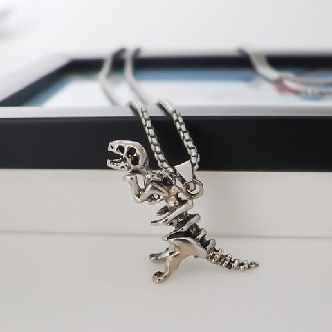Vintage Silber Dinosaurier Skelett Anhänger Halskette Hip Hop Punk T-Rex Fossil Knochen Legierung Kette Schmuck Für Herren Damen