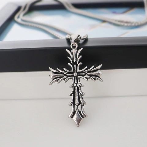Collier Pendentif Croix Gothique Vintage Pour Hommes Femmes Rétro Couleur Argent Alliage Chaîne Gourmette Bijoux Hip Hop Rock