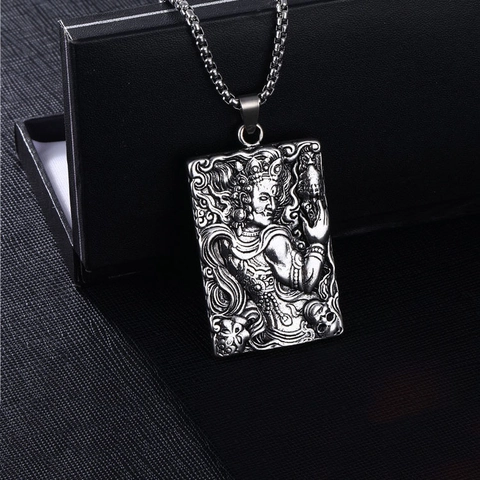Men Vintage Chinese Totem Relief Pendant Necklace Alloy Domineering Religious Figure Curb Chain Silver Neck Chain Jewelry For Men