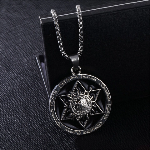 Vintage Alloy Round Hexagram Pendant Necklace Mystical Runes Design Hip Hop Street Style Silver Color Jewelry For Men Women