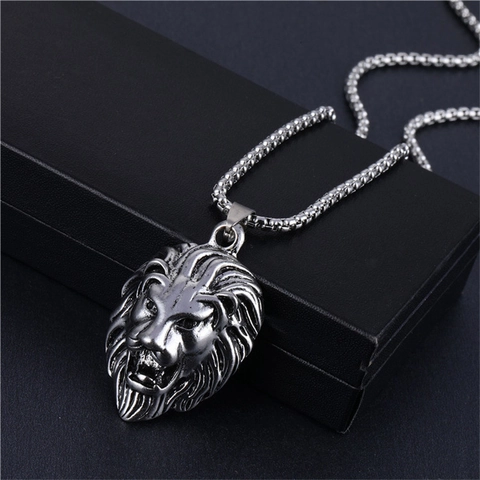 Collar con Colgante de Cabeza de León de Aleación en Color Plata Retro para Hombre Joyas Gráficas de Animales Estilo Hip Hop