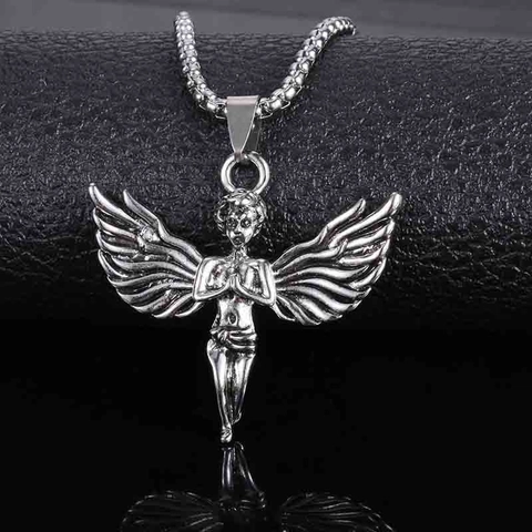 Retro Alloy Angel Pendant Necklace Detailed Wing Texture Prayer Angel Silver Curb Chain Street Jewelry For Men Women
