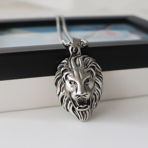 Collar con Colgante de Cabeza de León de Aleación en Color Plata Retro para Hombre Joyas Gráficas de Animales Estilo Hip Hop