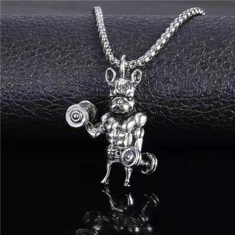 Retro Legierung Muskel Bulldogge Fitness Hantel Anhänger Halskette Für Damen Herren Hip Hop Streetwear Schmuck Silber Ton
