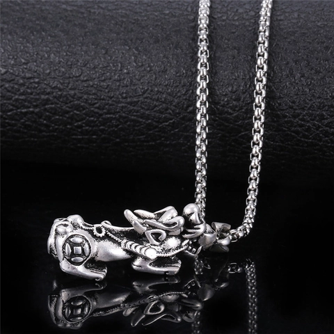 Collier Pendentif Pi Xiu Style Chinois Vintage Unisexe Alliage Bête Mythique Antique Totem Argent Bijoux Chaîne Longue