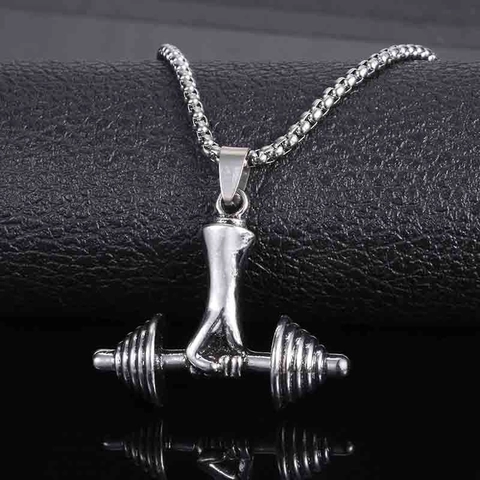 Men's Fitness Barbell Dumbbell Pendant Alloy Necklace Punk Style Silver Color Electroplated Sports Jewelry Accessory