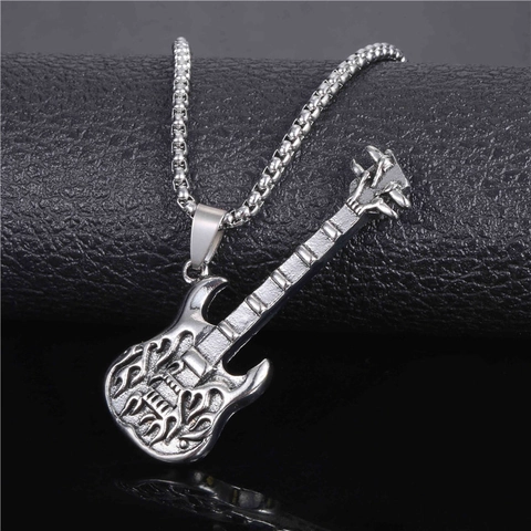 Collana con Pendente a Chitarra Hip Hop Rock Punk Motivo a Fiamma Catena in Lega d'Argento Gioielli di Moda per Uomo Donna