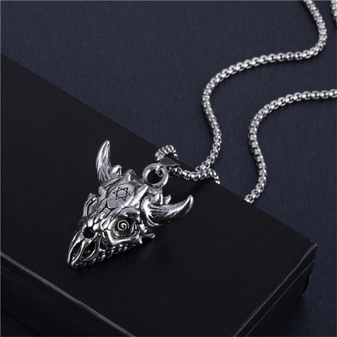 Vintage Gothic Bull Skull Hexagram Pendant Necklace For Men Distressed Alloy Punk Hip Hop Style Clavicle Chain Jewelry