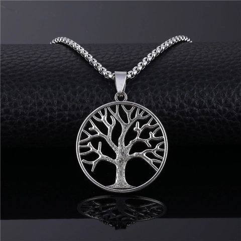 Unisex Hollow Round Tree Of Life Pendant Necklace Silver Color Alloy Curb Chain Street Style Casual Jewelry Gift Accessory